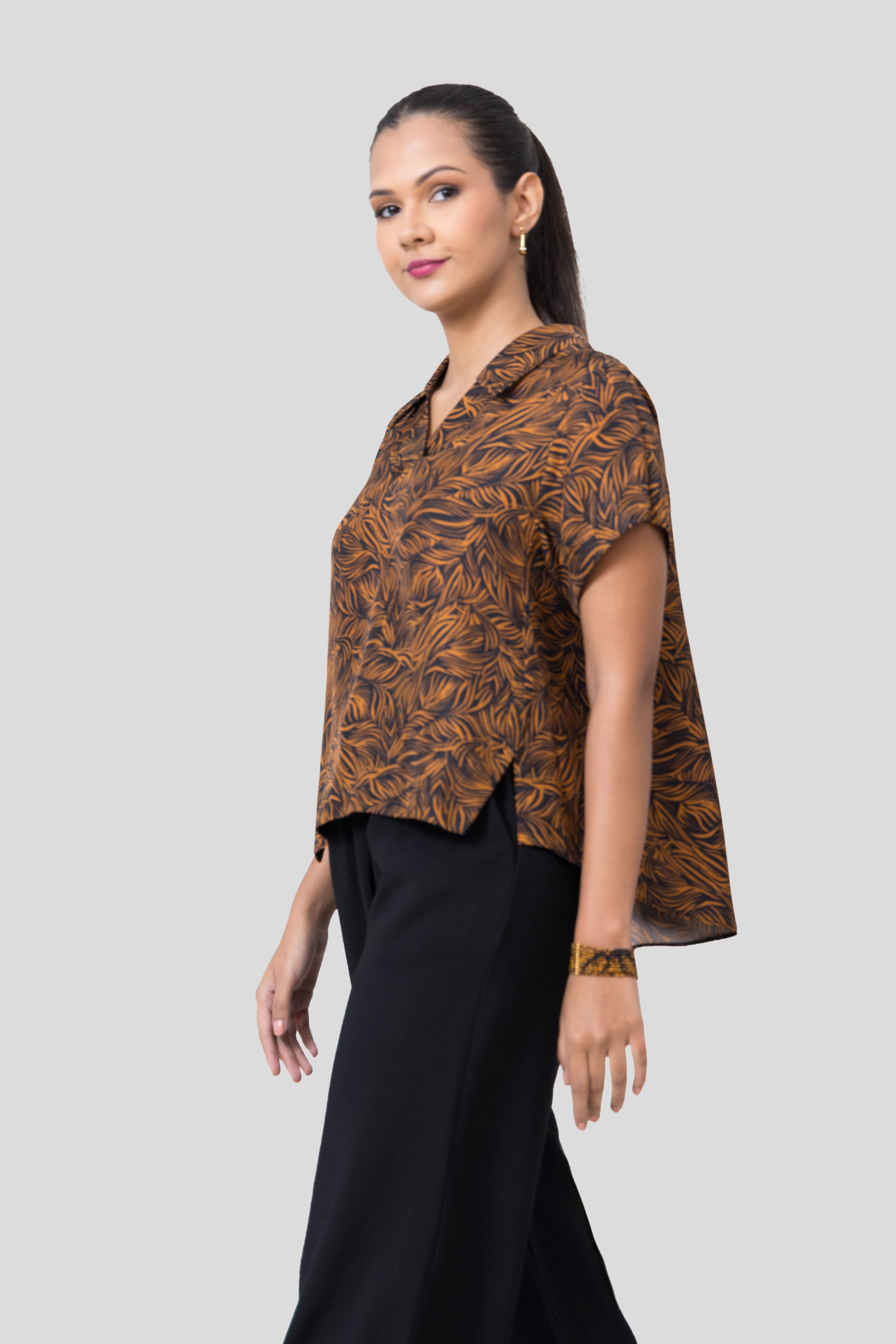 Black and Orange Silk Printed Blouse