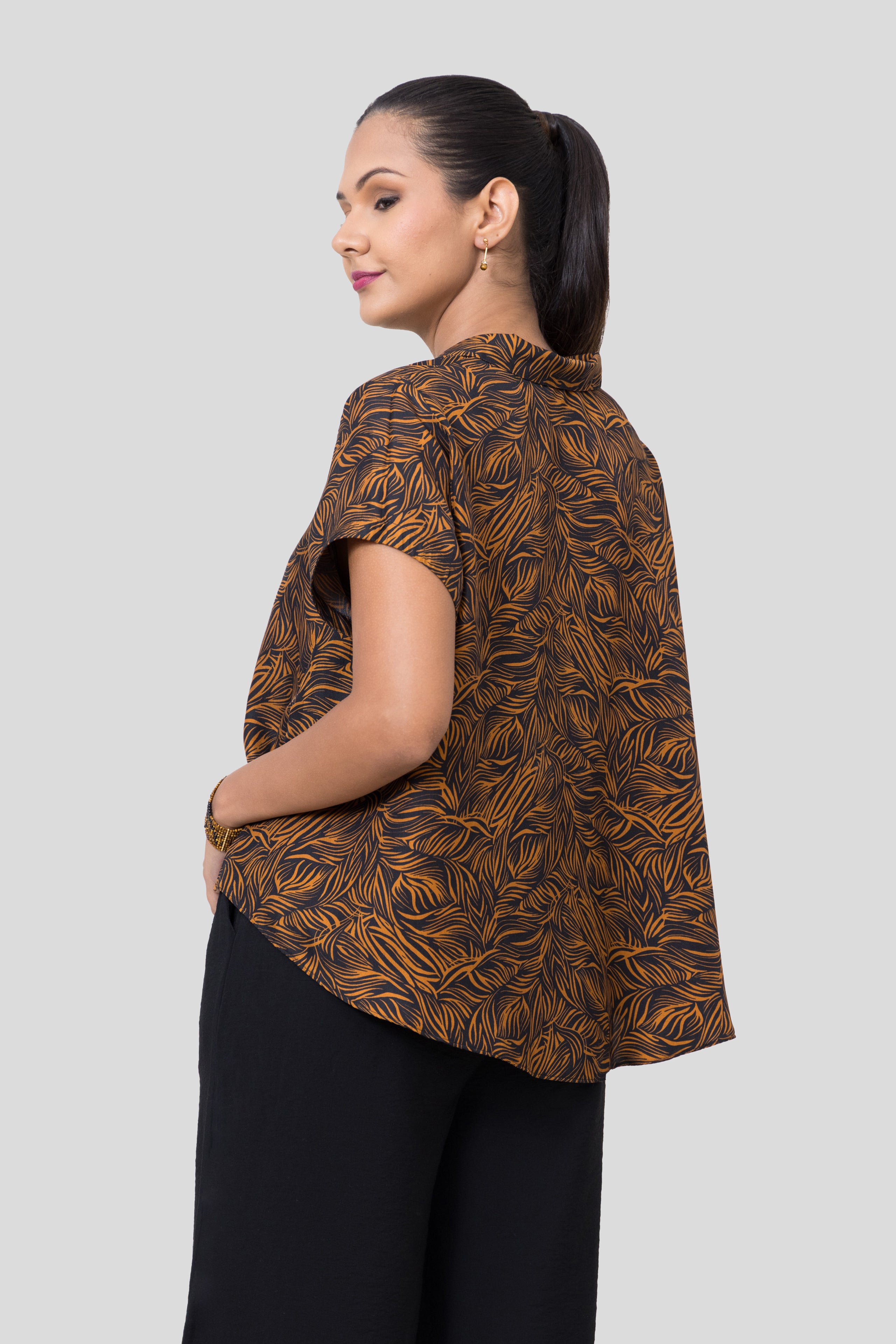 Black and Orange Silk Printed Blouse